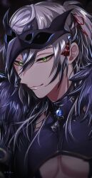 Rule 34 | 1boy, black hair, bow, breasts, coat, collar, crow mask, fur-trimmed coat, fur trim, green eyes, grey hair, hair between eyes, highres, jewelry, looking at viewer, male focus, mask, mole, mole on breast, mole on chest, mole under mouth, multicolored hair, nu carnival, pectoral cleavage, pectorals, red bow, rei (nu carnival), short hair, short ponytail, smile, smug, upper body, yadome810