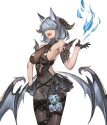 Rule 34 | 1girl, animal ears, bat wings, blue fire, bodysuit, breasts, cleavage, clothing cutout, covered eyes, fire, gloves, highres, horns, medium breasts, open mouth, original, pantyhose, see-through, short hair, side cutout, simple background, sisiyong, solo, white background, wings
