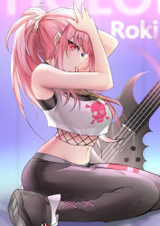 Rule 34 | 1girl, adjusting hair, black footwear, black pants, crop top, cross-laced clothes, fishnet top, fishnets, guitar, hair tie, highres, hololive, hololive english, instrument, jewelry, light blush, long hair, looking at viewer, mori calliope, mouth hold, navel, necklace, pants, pink eyes, pink hair, ponytail, shoes, sidelocks, sitting, sleeveless, sneakers, solo, tight clothes, tight pants, virtual youtuber, weyas kayur, yokozuwari