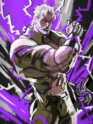 Rule 34 | 1boy, abs, alternate eye color, bara, beard, belt, black belt, brown pants, brown shirt, clenched hand, closed mouth, collared shirt, commentary, cowboy shot, dopey (dopq), facial hair, furrowed brow, gloves, hermit purple, highres, jojo no kimyou na bouken, joseph joestar, joseph joestar (old), looking at viewer, male focus, manly, mature male, muscular, muscular male, navel, no headwear, no headwear, open clothes, open shirt, pants, purple eyes, shirt, short hair, short sleeves, solo, stand (jojo), standing, stardust crusaders, symbol-only commentary, thorns, white gloves, white hair