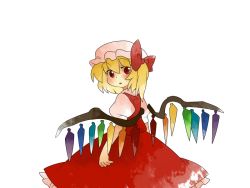 Rule 34 | bad id, bad pixiv id, blonde hair, blouse, bow, comic, female focus, flandre scarlet, hair bow, hammer (sunset beach), hat, looking at viewer, looking back, red eyes, shirt, short hair, side ponytail, silent comic, skirt, solo, touhou, wings