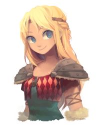 Rule 34 | 1girl, armlet, armor, astrid hofferson, bad id, bad twitter id, blonde hair, blue eyes, breasts, closed mouth, commentary, english commentary, how to train your dragon, how to train your dragon 3, long hair, looking to the side, qiinamii, shoulder armor, simple background, small breasts, smile, solo, upper body, white background
