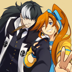 Rule 34 | 1boy, 1girl, ace attorney, arm grab, athena cykes, black hair, blue eyes, blue necktie, brown hair, coat, feathers, gloves, grin, hair ribbon, long hair, mouth hold, multicolored hair, necktie, one eye closed, orange background, partially fingerless gloves, phoenix wright: ace attorney - dual destinies, ribbon, satowo, side ponytail, simon blackquill, single glove, smile, two-tone hair, v, white hair