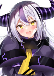 Rule 34 | 1girl, asymmetrical hair, bad id, bad pixiv id, black hair, blush, braid, coat, commentary, demon horns, fang, french braid, hair between eyes, head tilt, highres, hololive, holox, horns, la+ darknesss, la+ darknesss (1st costume), long hair, looking at viewer, multicolored hair, nenobi (nenorium), open mouth, pointy ears, purple coat, purple hair, silver hair, simple background, single braid, skin fang, sleeves past fingers, sleeves past wrists, smile, solo, streaked hair, striped horns, upper body, virtual youtuber, white background, yellow eyes, yellow neckwear