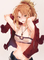 Rule 34 | 1girl, armpits, arms behind head, arms up, bad id, bad pixiv id, bandeau, blonde hair, blurry, braid, breasts, collarbone, commentary request, cutoffs, denim, denim shorts, depth of field, eyes visible through hair, fang, fate/grand order, fate (series), french braid, green eyes, hair ornament, hair scrunchie, highres, hplay, jacket, jacket on shoulders, jewelry, looking at viewer, mordred (fate), mordred (fate/apocrypha), mordred (memories at trifas) (fate), navel, necklace, open clothes, open jacket, open mouth, ponytail, red jacket, red scrunchie, scrunchie, short shorts, shorts, small breasts, solo