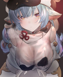 Rule 34 | 1girl, absurdres, animal ears, animal print, aqua hair, betabeet, blush, breasts, catura (granblue fantasy), cleavage, closed mouth, cow ears, cow girl, cow hat, cow print, detached sleeves, ear piercing, earrings, granblue fantasy, hat, highres, jewelry, large breasts, long hair, looking at viewer, piercing, see-through, solo, steam, sweat, upper body