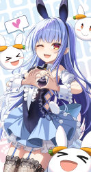 Rule 34 | 1girl, absurdres, animal ears, blue hair, blush, breasts, detached collar, detached sleeves, extra ears, fake animal ears, highres, hikimayu, hololive, long hair, looking at viewer, multicolored hair, necktie, official alternate costume, one eye closed, open mouth, orange eyes, pekomon (usada pekora), rabbit-shaped pupils, rabbit ears, rabbit girl, rabbit tail, short eyebrows, small breasts, smile, solo, symbol-shaped pupils, tail, thick eyebrows, thighhighs, two-tone hair, usada pekora, usada pekora (furi furi bunny dress), virtual youtuber, white hair, wrist cuffs, yt9676