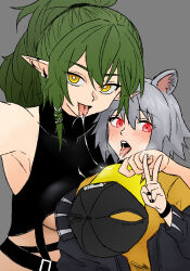 Rule 34 | 2girls, after kiss, animal ear fluff, animal ears, arknights, bare shoulders, belt, black jacket, black nails, blush, click (arknights), dokonjou (odossan), forked tongue, gavial (arknights), green hair, grey background, grey hair, hat, high ponytail, holding, holding clothes, holding hat, jacket, looking at viewer, mouse ears, mouse girl, multiple girls, nail polish, open mouth, pointy ears, red eyes, saliva, saliva trail, smile, tongue, tongue out, upper body, v, yellow eyes, yuri