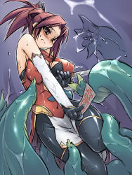 Rule 34 | 1girl, breasts, brown hair, cleavage, highres, imminent rape, large breasts, rape, redrantem, slime (substance), solo, sword, tentacles, tomoshibi hidekazu, weapon, you gonna get raped