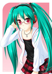 Rule 34 | 1girl, aqua hair, arm up, bespectacled, casual, glasses, hand on headphones, hatsune miku, highres, hood, hoodie, jewelry, kocchi muite baby (vocaloid), long hair, looking at viewer, necklace, outside border, pink background, plaid, plaid skirt, red eyes, ricegnat, skirt, solo, twintails, very long hair, vocaloid