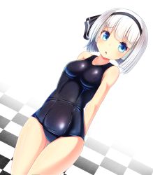 Rule 34 | 1girl, :o, alternate costume, blue eyes, blush, breasts, checkered floor, dutch angle, hairband, highres, konpaku youmu, looking at viewer, oimo (imoyoukan), one-piece swimsuit, school swimsuit, shiny clothes, short hair, silver hair, small breasts, solo, swimsuit, thigh gap, touhou