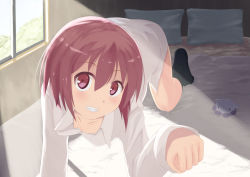 Rule 34 | 1girl, all fours, arm up, bed, blush, breasts, dress shirt, female focus, grin, indoors, momo no kanzume, original, paw pose, pillow, red eyes, red hair, shirt, short hair, smile, solo