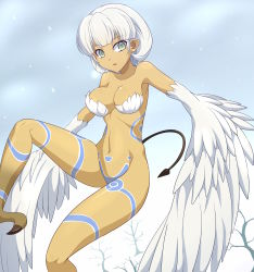 Rule 34 | 1girl, absurdres, blunt bangs, bodypaint, bottomless, breasts, clam curry, commentary request, feather magic, feathers, green eyes, harpy, highres, medium breasts, monster girl, open mouth, short hair, solo, tail, tales of (series), tales of symphonia, tan, tree, white feathers, white hair, white wings, winged arms, wings