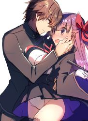 Rule 34 | 1boy, 1girl, :d, bb (fate), bb (fate/extra), black jacket, black thighhighs, blush, bow, brown eyes, brown hair, closed mouth, couple, cowboy shot, embarrassed, eye contact, fate/extra, fate (series), gloves, hair bow, hetero, highres, jacket, kishinami hakuno (male), leotard, long hair, long sleeves, looking at another, neck ribbon, open mouth, purple eyes, purple hair, red bow, red ribbon, ribbon, short hair, smile, sweatdrop, thighhighs, very long hair, wasa (wanosabi), white background, white gloves, white leotard