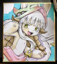 Rule 34 | 1other, :3, animal ears, aqua background, art tools in frame, artist name, brown fur, cowboy shot, fake horns, fangs, furry, green eyes, green pants, grey hair, hands up, helmet, highres, horns, looking at viewer, made in abyss, multicolored pants, nanachi (made in abyss), open mouth, other focus, pants, photo (medium), red pants, shikishi, short hair with long locks, signature, smile, solo, topless, traditional media, tsumiki yuu, white background