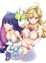 Rule 34 | 10s, 2girls, :q, ahoge, armlet, bad id, bad pixiv id, between breasts, blonde hair, blue eyes, blush, bow, bracelet, breasts, breasts out, bridal gauntlets, choker, chuck (psg), cleavage, clothes between breasts, collarbone, corset, covered erect nipples, cross-laced footwear, from above, hair bow, highres, hikapan, honekoneko (psg), jewelry, large breasts, legs, licking lips, lips, long hair, looking at viewer, looking up, multicolored hair, multiple girls, naughty face, navel, nipples, panties, panty &amp; stocking with garterbelt, panty (psg), panty pull, pulled by self, saeki shun, sandals, siblings, simple background, sisters, standing, stocking (psg), striped clothes, striped legwear, striped thighhighs, thighhighs, tongue, tongue out, tosh (imonade ryouchou), two-tone hair, underwear, undressing, white background, wristband