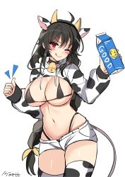 Rule 34 | 1girl, ;q, absurdres, ahoge, animal ears, animal print, bell, bikini, black bikini, black choker, black hair, blush, braid, breasts, choker, cleavage, closed mouth, cow ears, cow horns, cow print, cow tail, cowboy shot, crop top, drawstring, fake animal ears, fake horns, fake tail, hairband, highleg, highleg bikini, highres, holding, hood, hood down, horns, huge breasts, iris yuma, large breasts, long hair, long sleeves, looking at viewer, maett, micro shorts, midriff, milk carton, navel, one eye closed, open fly, red eyes, revealing clothes, shirt, short shorts, shorts, simple background, single braid, smile, solo, soulworker, stomach, string bikini, swimsuit, tail, thighhighs, thighs, thumbs up, tongue, tongue out, v-shaped eyebrows, very long hair, white background, white shirt, white shorts, white thighhighs
