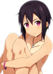Rule 34 | 1girl, bad id, bad nicoseiga id, black hair, blush, bracelet, breasts, candy, collarbone, food, hugging own legs, jewelry, kinta (distortion), lollipop, looking at viewer, medium breasts, mouth hold, necklace, nude, one-piece tan, original, purple eyes, short hair, simple background, solo, tan, tanline, white background