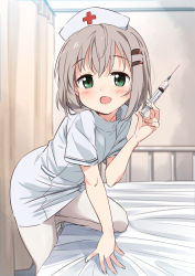 Rule 34 | 10s, 1girl, :d, absurdres, arm support, blurry, blurry background, blush, commentary request, cross, depth of field, dress, green eyes, grey hair, hair between eyes, hair ornament, hairclip, hat, highres, holding, holding syringe, indoors, mousou (mousou temporary), nurse, nurse cap, on one knee, open mouth, pantyhose, short sleeves, smile, solo, syringe, white dress, white hat, white pantyhose, yama no susume, yukimura aoi