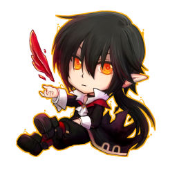 Rule 34 | 1boy, aura, black coat, black footwear, black hair, black pants, chibi, closed mouth, coat, commentary request, despair god morroc, expressionless, feathers, full body, hair between eyes, long hair, looking at viewer, male focus, manoji, orange eyes, pants, pointy ears, ragnarok online, red feathers, shirt, shoes, simple background, solo, white background, white shirt