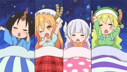 Rule 34 | 10s, 4girls, animated, animated gif, bed, breasts, dragon girl, elma (maidragon), horns, kanna kamui, kobayashi-san chi no maidragon, lowres, multiple girls, lucoa (maidragon), sleepy, tohru (maidragon)