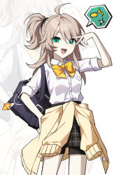 Rule 34 | 1girl, ahoge, alternate costume, bag, black bag, bow, bowtie, clothes around waist, elsword, green eyes, grey hair, hand on own hip, hashtag only commentary, highres, jacket, jacket around waist, lithia beryl (elsword), long hair, look 128, looking at viewer, school bag, school uniform, shirt, side ponytail, sleeves rolled up, smile, solo, v, white shirt, yellow bow, yellow bowtie, yellow jacket