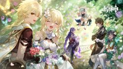 Rule 34 | 3boys, 3girls, aether (genshin impact), animal, artist request, black hair, blonde hair, braid, breasts, brown hair, bug, butterfly, cleavage, closed eyes, closed mouth, coat, day, dress, earrings, flower, genshin impact, gloves, gradient hair, hair flower, hair ornament, halo, hat, highres, holding, holding flower, holding instrument, insect, instrument, japanese clothes, jewelry, logo, long hair, long sleeves, looking at viewer, lumine (genshin impact), lyre, medium breasts, multicolored hair, multiple boys, multiple girls, official art, one eye closed, open mouth, orange hair, outdoors, paimon (genshin impact), purple hair, raiden shogun, short hair with long locks, single braid, single earring, tassel, tassel earrings, thighhighs, twin braids, venti (genshin impact), very long hair, wide sleeves, yae miko, yae miko (fox), zhongli (genshin impact)