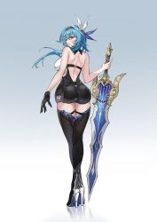 Rule 34 | 1girl, absurdres, artist request, ass, bare shoulders, blue hair, boots, breasts, brown eyes, eula (genshin impact), from behind, genshin impact, gloves, gradient background, greatsword, hair between eyes, hair ornament, hairband, high heel boots, high heels, highres, huge ass, large breasts, leotard, long hair, looking at viewer, looking back, shiny clothes, shiny skin, sideboob, simple background, single glove, smile, solo, song of broken pines (genshin impact), sword, thighhighs, weapon