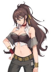 Rule 34 | 1girl, arm at side, blue eyes, braid, breasts, brown hair, bustier, choker, cleavage, closed mouth, cowboy shot, crown braid, earrings, eternal radiance, game cg, hair between eyes, hair ribbon, hand on own hip, jewelry, large breasts, long hair, looking at viewer, midriff, nagu, navel, non-web source, official art, ponytail, ribbon, ribbon choker, ribbon trim, smile, solo, transparent background, wristband