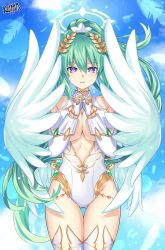 Rule 34 | 1girl, absurdres, bare shoulders, bodysuit, boots, breasts, choujigen game neptune, cleavage, cloud, feathers, four goddesses online: cyber dimension neptune, gloves, green hair, green heart (neptunia), hair ornament, hairclip, happy, highres, large breasts, lewdkuma, long hair, navel, neptune (series), open mouth, ponytail, power symbol-shaped pupils, purple eyes, sky, smile, solo, symbol-shaped pupils, thighhighs, thighs, underboob, vert, vert (neptunia), very long hair, wings