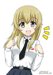 Rule 34 | 10s, 1girl, :d, anzio school uniform, belt, black belt, black necktie, black skirt, blonde hair, carpaccio (girls und panzer), dated, dress shirt, emblem, flipper, girls und panzer, green eyes, long hair, long sleeves, looking at viewer, necktie, notice lines, one-hour drawing challenge, open mouth, pleated skirt, school uniform, shirt, simple background, skirt, smile, solo, standing, twitter username, upper body, w arms, white background, white shirt