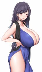 Rule 34 | 1girl, black choker, black hair, blue dress, blush, breasts, choker, dress, from side, hand on own hip, highres, huge breasts, long hair, open mouth, original, red eyes, sash, side slit, simple background, suruga (xsurugax), swept bangs, thighs, white background