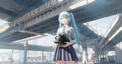 Rule 34 | 1girl, absurdres, aqua eyes, aqua hair, ata-zhubo, blue necktie, blue skirt, bridge, bus, camera, car, closed mouth, collared shirt, day, expressionless, hatsune miku, highres, holding, holding camera, long hair, motor vehicle, necktie, outdoors, pleated skirt, shirt, skirt, solo, standing, sweater, twintails, very long hair, vocaloid, white shirt