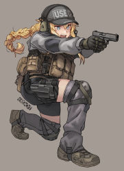 Rule 34 | 1girl, aiming, ammunition pouch, aqua eyes, blonde hair, braid, brown footwear, clothes writing, commentary, commission, english commentary, ergot, escape from tarkov, glock, gloves, grey background, grey hat, gun, hair between eyes, handgun, hat, headphones, highres, holding, holding gun, holding weapon, indie virtual youtuber, knee pads, long hair, long sleeves, military, on one knee, open mouth, pouch, simple background, single braid, solo, vest, virtual youtuber, weapon, whiskey project