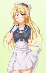 Rule 34 | 1girl, anti (untea9), black neckwear, blonde hair, blue eyes, blue sailor collar, breasts, collarbone, dress, gloves, gradient background, hair between eyes, hat, highres, jervis (kancolle), kantai collection, looking at viewer, sailor collar, sailor dress, sailor hat, skirt hold, small breasts, solo, underbust, white dress, white gloves, white hat, yellow background