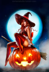 Rule 34 | 1girl, absurdres, black gloves, blue eyes, breasts, brown hair, chemise, full body, full moon, gloves, hair over one eye, halloween, happy halloween, hat, highres, jack-o&#039;-lantern, large breasts, lips, lipstick, long hair, makeup, mole, mole above mouth, moon, nose, original, sitting, sky, solo, star (sky), starry sky, thighhighs, witch hat, zomen