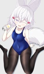 Rule 34 | 1girl, absurdres, alcohol, animal ear fluff, animal ears, beer, beer can, blue one-piece swimsuit, can, cien (shikanokuni), colored eyelashes, commission, drink can, fox ears, fox tail, hair between eyes, highres, one-piece swimsuit, open mouth, pantyhose, pantyhose under swimsuit, phase connect, pixiv commission, school swimsuit, simple background, swimsuit, tail, tenma maemi, thighband pantyhose, thighs, virtual youtuber, white hair