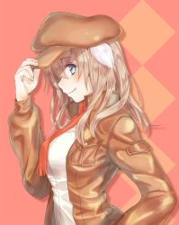 Rule 34 | 1girl, animal ears, argyle, argyle background, argyle clothes, blue eyes, blush, brown hair, from side, hand on headwear, jacket, long hair, scarf, smile, solo, strike witches, totonii (totogoya), upper body, wilma bishop, world witches series