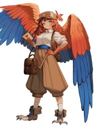 1girl bag blue_wings brown_bag brown_hair brown_hat brown_pants brown_wings envelope full_body grey_shirt hat heart highres holding holding_envelope long_hair original pants puffy_short_sleeves puffy_sleeves shirt shirt_tucked_in short_sleeves shoulder_bag simple_background smile solo standing talons white_background wings yan_kodiac