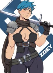 Rule 34 | 1girl, armor, belt, blue hair, breasts, breasts apart, brown eyes, character name, gloves, holding, holding sword, holding weapon, large breasts, looking at viewer, original, patreon username, scar, scar on face, sgt crisis, short hair, shoulder armor, solo, spiked hair, sword, watermark, weapon, web address, zoey (sgt crisis)