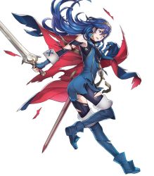 Rule 34 | 1girl, armpits, ass, blue eyes, blue hair, breasts, cape, fingerless gloves, fire emblem, fire emblem awakening, fire emblem heroes, full body, gloves, highres, holding, holding weapon, jewelry, long hair, lucina (fire emblem), maiponpon, nintendo, official art, scabbard, sheath, shoes, small breasts, solo, sword, thighhighs, tiara, torn clothes, transparent background, weapon, wrist cuffs