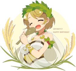 Rule 34 | 10s, 1girl, :d, ^ ^, bracelet, breasts, brown hair, cape, cleavage, dated, closed eyes, happy birthday, head wreath, holly, jewelry, koizumi hanayo, large breasts, laurel crown, laurel wreath, love live!, love live! school idol festival, love live! school idol project, mistletoe, music, mzh, necklace, open mouth, rice, shamoji, short hair, singing, smile, solo, upper body, wheat