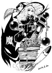 Rule 34 | 1girl, book, book stack, boots, bow, broom, dated, dot nose, dress, evil grin, evil smile, frilled dress, frills, greyscale, grin, hat, hat bow, heran hei mao, kirisame marisa, kirisame marisa (pc-98), long sleeves, looking at viewer, mima (touhou), mimi-chan, monochrome, moon (ornament), orb, rocket, silhouette, smile, smoke trail, solo, touhou, touhou (pc-98), translation request, witch, witch hat