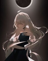 Rule 34 | 1girl, absurdly long hair, ahoge, black collar, black dress, blonde hair, blue hair, bow, breasts, closed eyes, collar, dress, enna alouette, facing to the side, hand up, highres, jewelry, large bow, long hair, moon, multicolored hair, night, night sky, nijisanji, nijisanji en, official alternate costume, purple eyes, sky, sleeveless, small breasts, solo, straight hair, strapless, strapless dress, very long hair, virtual youtuber, white bow, witea