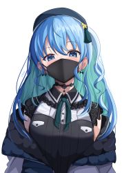 Rule 34 | 1girl, absurdres, aqua hair, beret, black choker, black collar, black mask, black shirt, blue eyes, blue hair, blue hat, blue jacket, blush, breasts, choker, collar, colored inner hair, commentary, earrings, eyelashes, frills, green ribbon, grey jacket, hair between eyes, hashira 14, hat, hat ribbon, highres, hololive, hoshimachi suisei, hoshimachi suisei (streetwear), jacket, jewelry, lace-trimmed sleeves, lace trim, long hair, looking at viewer, mask, mouth mask, multicolored clothes, multicolored hair, multicolored jacket, neck ribbon, off shoulder, official alternate costume, one side up, open clothes, open jacket, ribbon, shirt, short sleeves, sidelocks, signature, simple background, small breasts, solo, surgical mask, swept bangs, upper body, virtual youtuber, white background