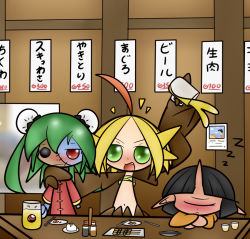 Rule 34 | 3girls, ahoge, alcohol, beer, blonde hair, colored skin, concave, cup, cyclops, drink, closed eyes, fang, green eyes, harpy, horns, monster girl, mug, multicolored hair, multiple girls, one-eyed, original, red eyes, red hair, red skin, single horn, smile, stitches, text focus, translation request, two-tone hair