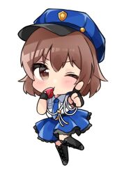 Rule 34 | 1girl, black footwear, black gloves, blowing whistle, blue hat, blue necktie, blue skirt, blush, brown eyes, brown hair, chibi, commentary, fingerless gloves, frilled skirt, frills, gloves, hair between eyes, hat, holding, holding whistle, idolmaster, idolmaster cinderella girls, kita hinako, looking at viewer, necktie, one eye closed, pointing, pointing at viewer, police, police hat, police uniform, policewoman, shirt, short hair, short sleeves, sidelocks, skirt, solo, standing, standing on one leg, symbol-only commentary, tko0, uniform, v-shaped eyebrows, whistle, white background, white shirt