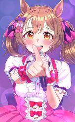 Rule 34 | 1girl, absurdres, animal ears, blurry, blurry foreground, blush, bokeh, bow, breasts, buttons, center frills, collared shirt, depth of field, frills, hair bow, highres, holding, holding microphone, horse ears, looking at viewer, medium hair, messy hair, microphone, nayuta ggg, open mouth, pointing, pointing at viewer, shirt, short sleeves, skirt, small breasts, smart falcon (umamusume), smile, solo, suspender skirt, suspenders, sweat, teeth, twintails, umamusume, upper body, upper teeth only, white shirt, yellow eyes
