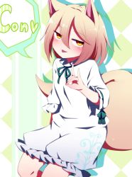 Rule 34 | 1girl, animal ears, brown hair, finger touching, fox ears, fox shadow puppet, fox tail, green ribbon, hair between eyes, half-closed eyes, highres, jumpsuit, kudamaki tsukasa, looking at viewer, neck ribbon, onesie, ribbon, romper, short hair, sleeves past elbows, solo, speech bubble, tail, tongue, tongue out, touhou, white jumpsuit, yellow eyes, you (noanoamoemoe)