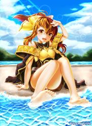 Rule 34 | 1girl, absurdres, armor, bare shoulders, barefoot, blush, bow, breastplate, brown eyes, brown hair, cape, delthea (fire emblem), dress, fang, feet, fire emblem, fire emblem echoes: shadows of valentia, highres, long hair, nintendo, open mouth, panties, ponytail, ribbon, smile, soles, solo, thighs, underwear, yellow ribbon, yuyumi (yuurei)